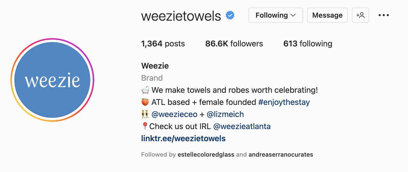 An Instagram bio example from Weezie Towels