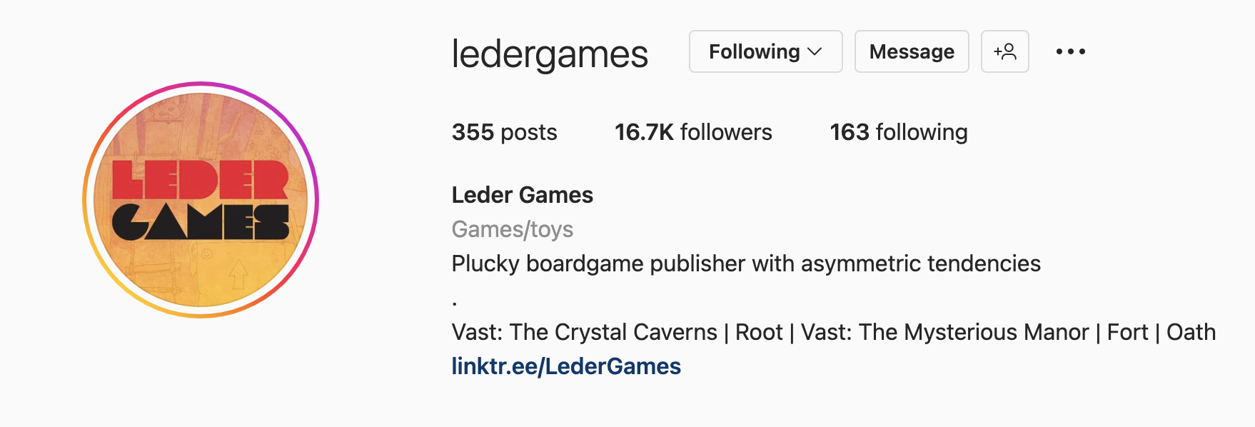 An Instagram bio example from Leder Games