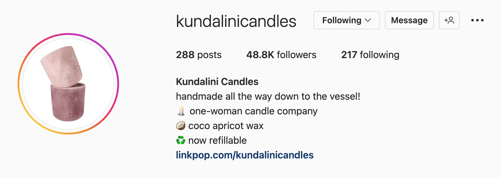 An Instagram bio example from Kundalini Candles