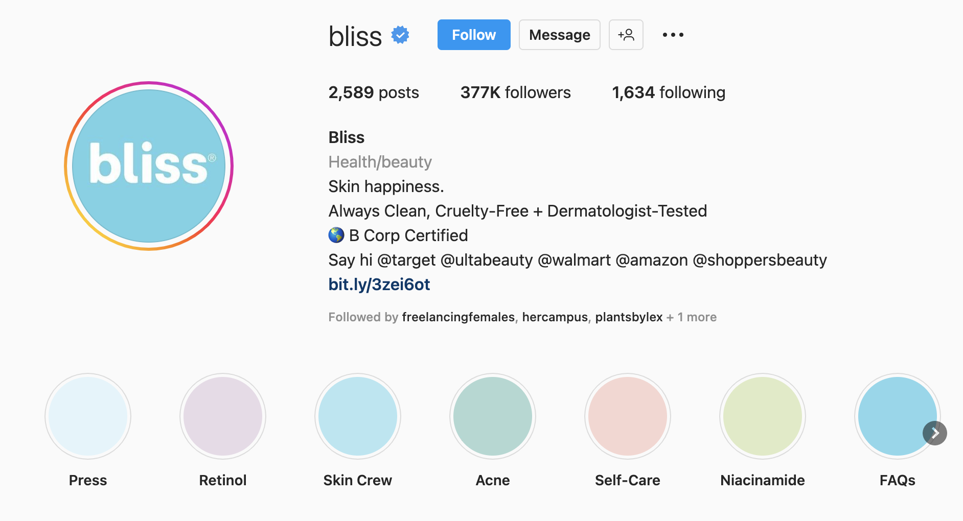 An Instagram bio example from Bliss