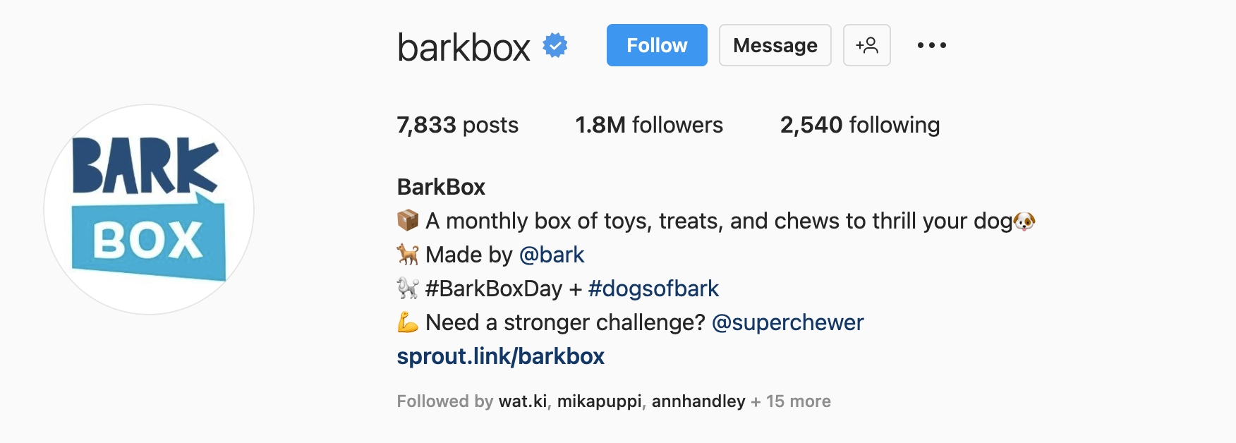 An Instagram bio example from BarkBox