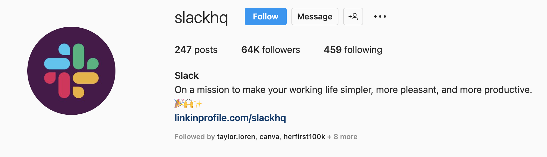 An Instagram bio example from Slack