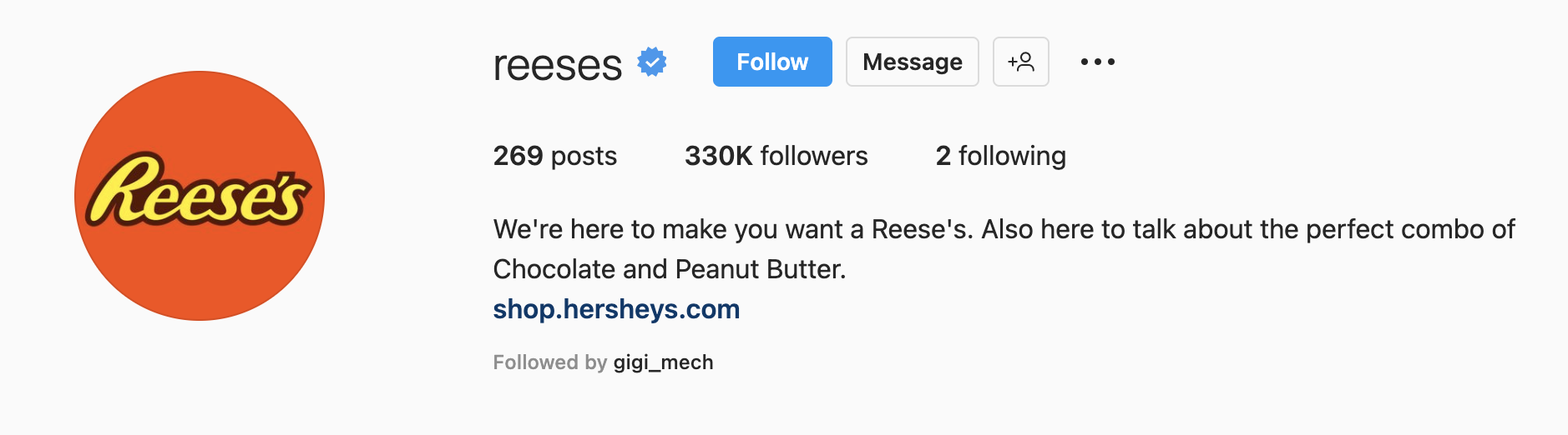 An Instagram bio example from Reese's