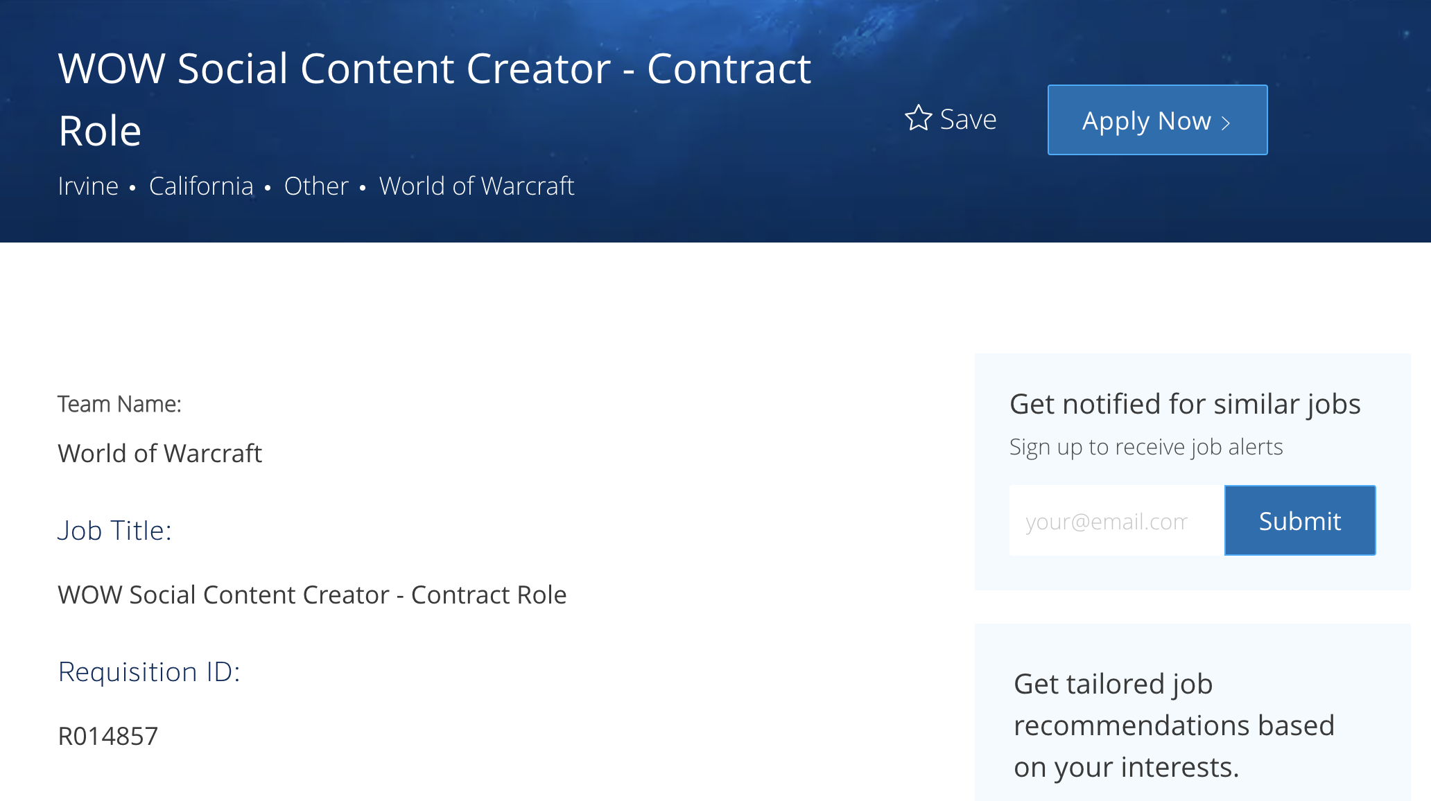 A screenshot of a World of Warcraft creator job posting