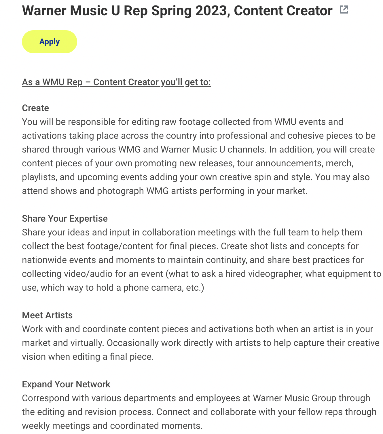 Screenshot of a Warner Music job posting for a content creator that lists out the value the creator will get out of the role.