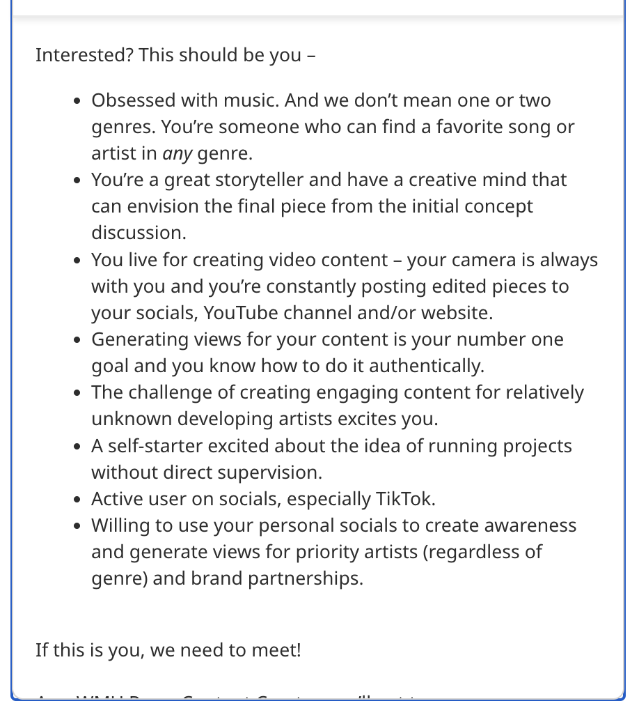 Job posting calling for a creator who is specifically passionate and knowledgeable about the music industry.