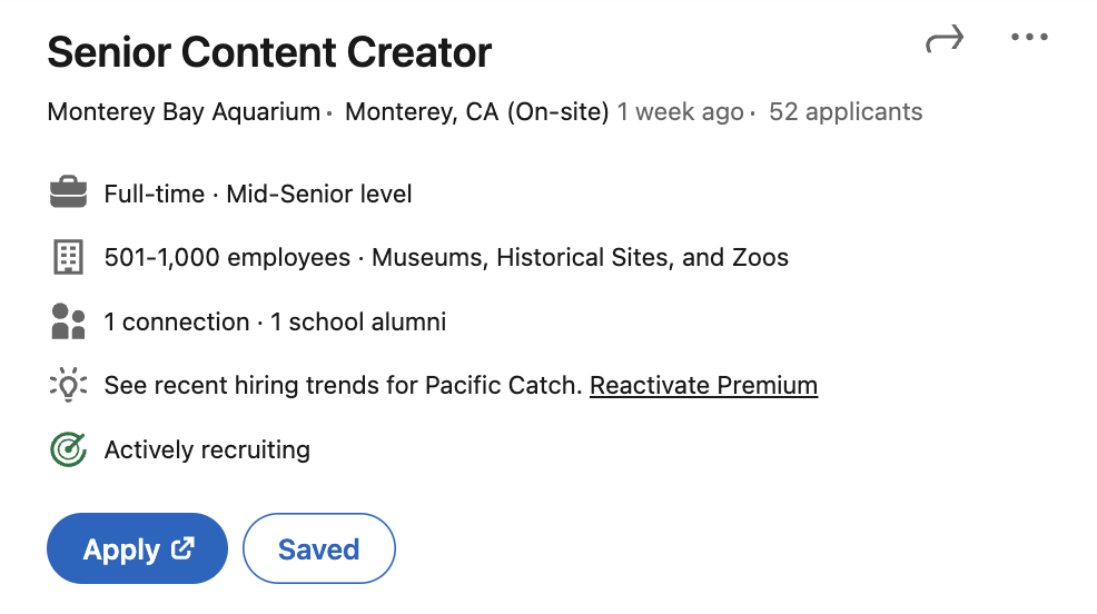 A screenshot of a job posting from Monterey Bay Aquarium for a senior content creator.