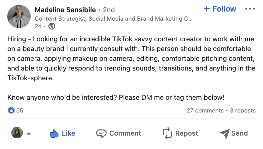 Screenshot of a LinkedIn post from a content strategist at a company posting a content creator job along with a list of requirements for the role. This list includes comfort being on camera.