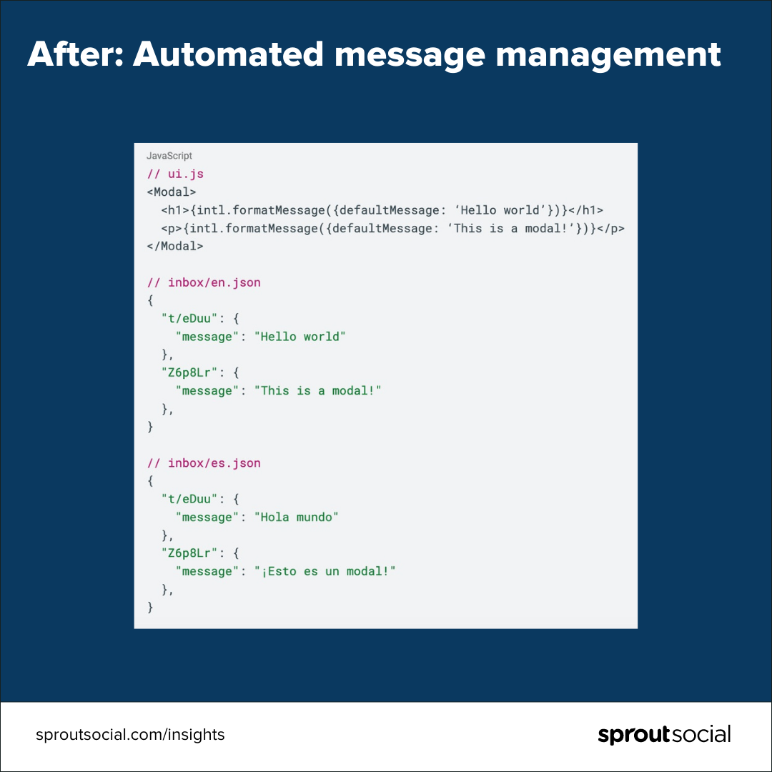 Screenshot of JavaScript previously used to automatically manage messages and translation in Sprout's codebase. 