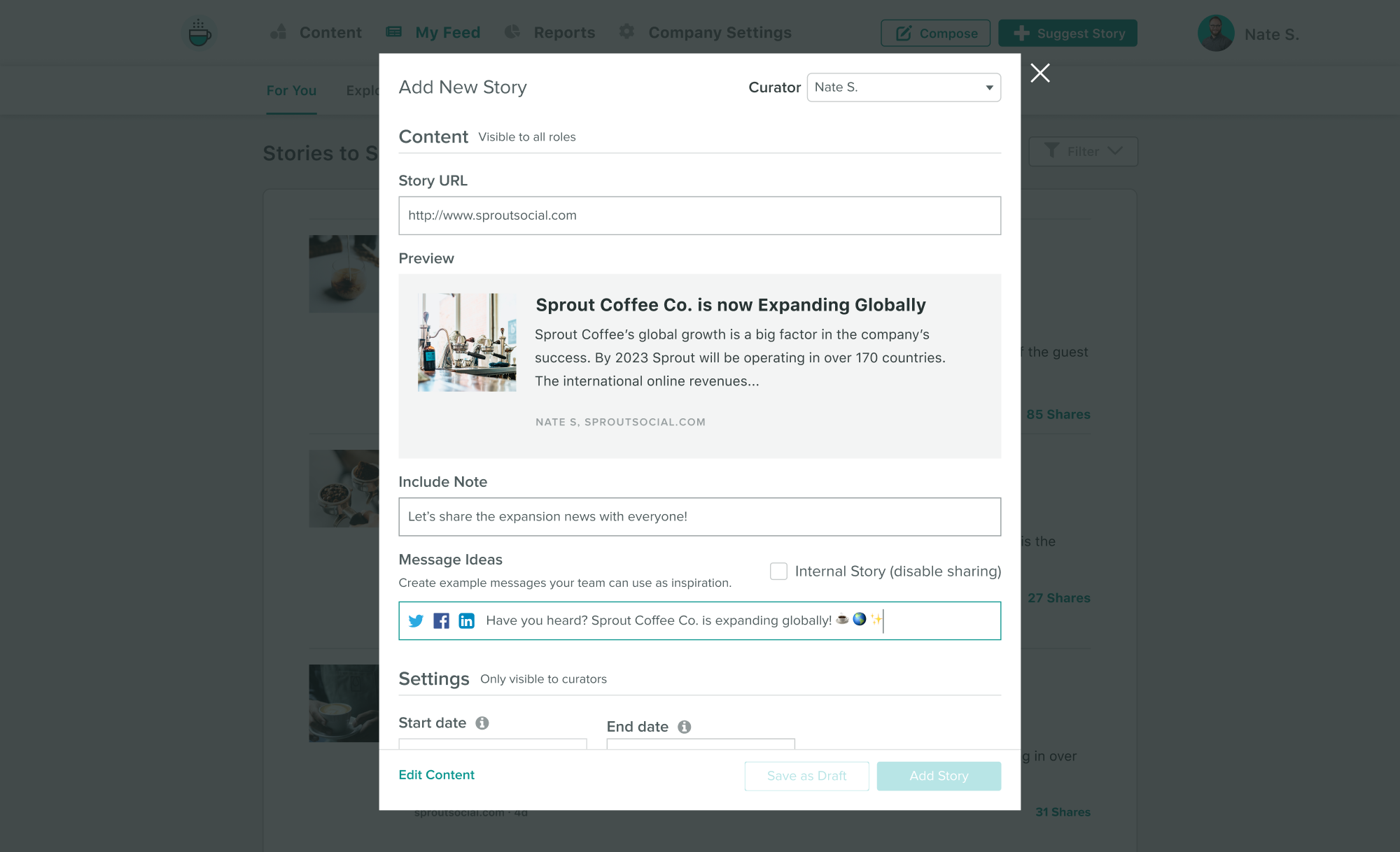 A screenshot of Sprout's Employee Advocacy platform that demonstrates how users can curate a new story for their internal team to share.