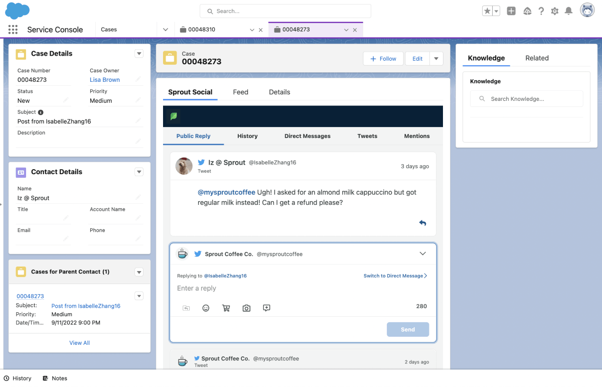 A screenshot of social data from Sprout integrated in the Salesforce platform, which demonstrates how incoming social messages can be linked to existing contacts and cases.