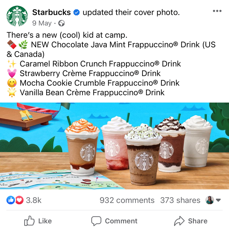 Starbucks Facebook New Product Image of 5 Frappuccinos