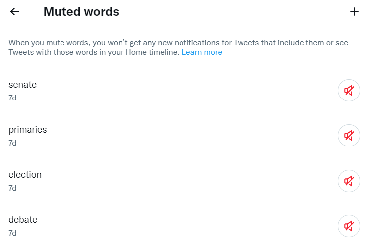 Screenshot of using the Muted Words setting in Twitter.