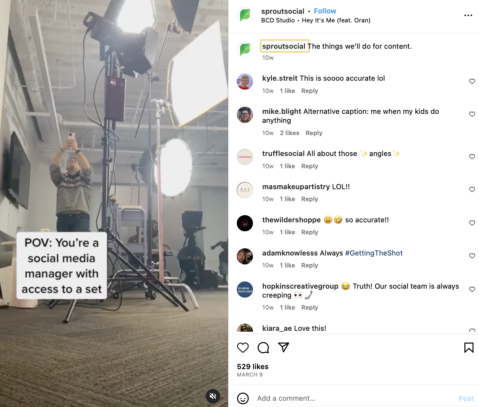 Sprout Social's Instagram post of a man taking a photo in a set and a text overlay saying "POV: You're a social media manager with access to a set"