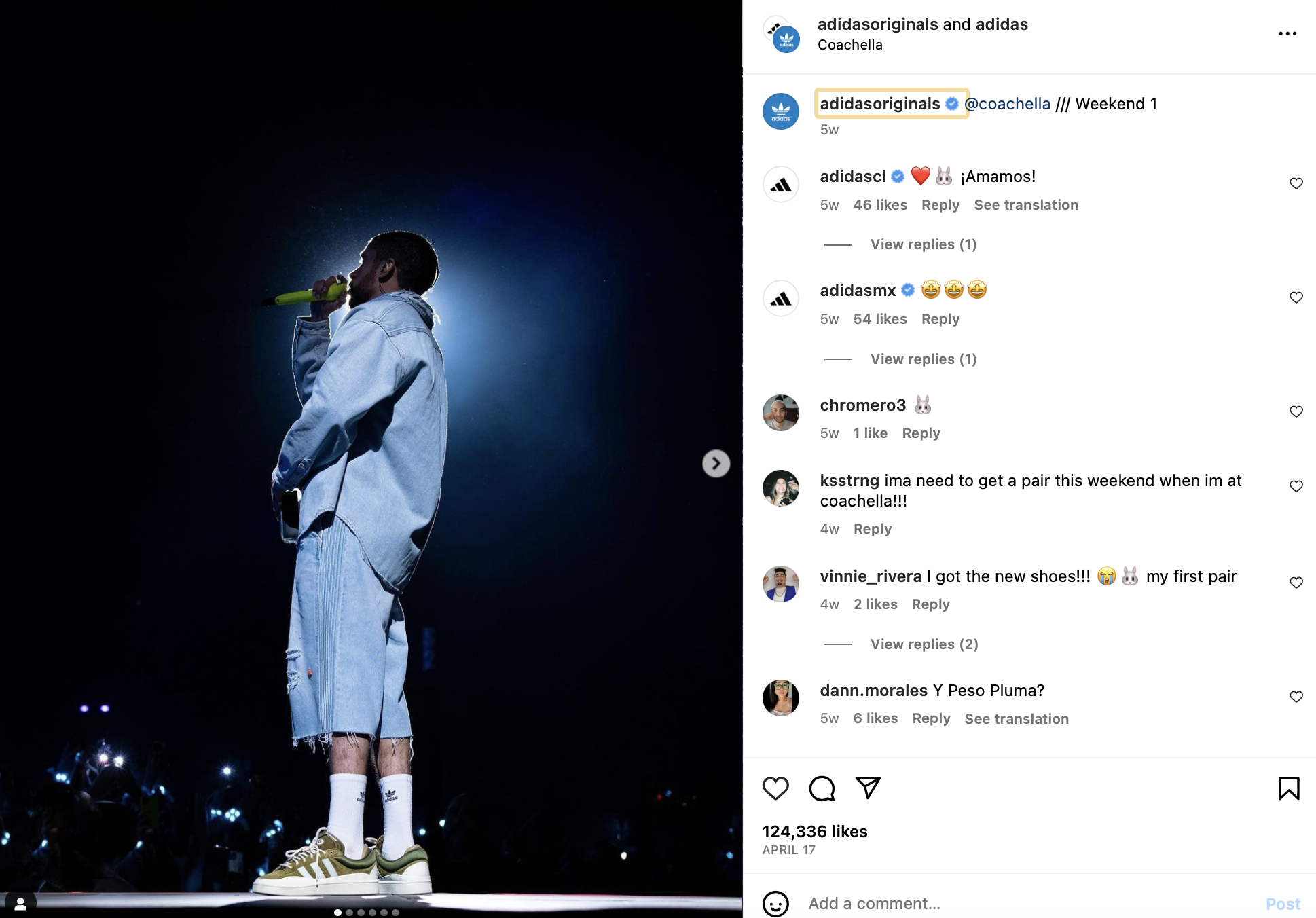 Instagram post from Adidas Originals showing an artist performing on stage and a geolocation tag for Coachella