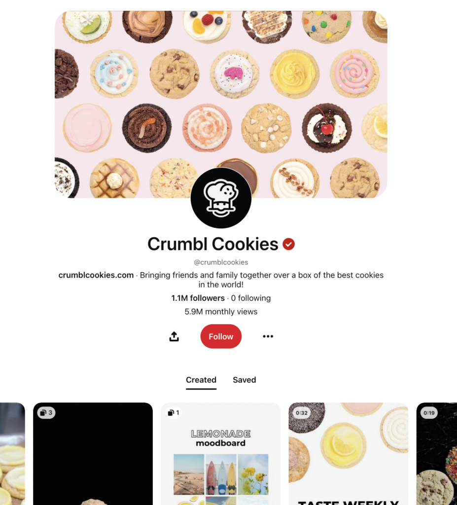 A screenshot of Crumbl Cookies Pinterest page where their profile picture and cover image are clearly branded images featuring their logo and cookies.