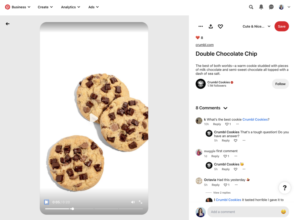 A screenshot of an Idea Pin on Crumbl Cookies' Pinterest account highlighting double chocolate chip cookies.