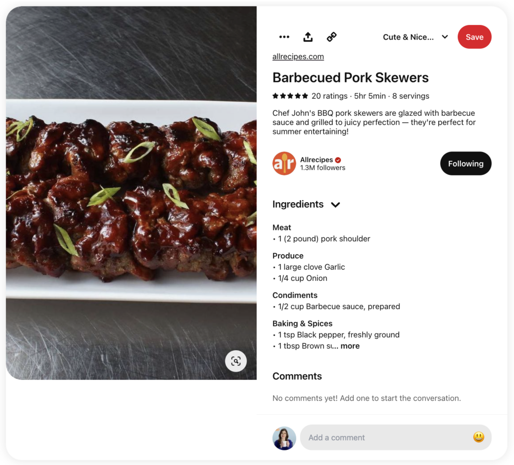 A screenshot of a Rich Pin from Allrecipes Pinterest account containing a full recipe for a pork skewer dish.