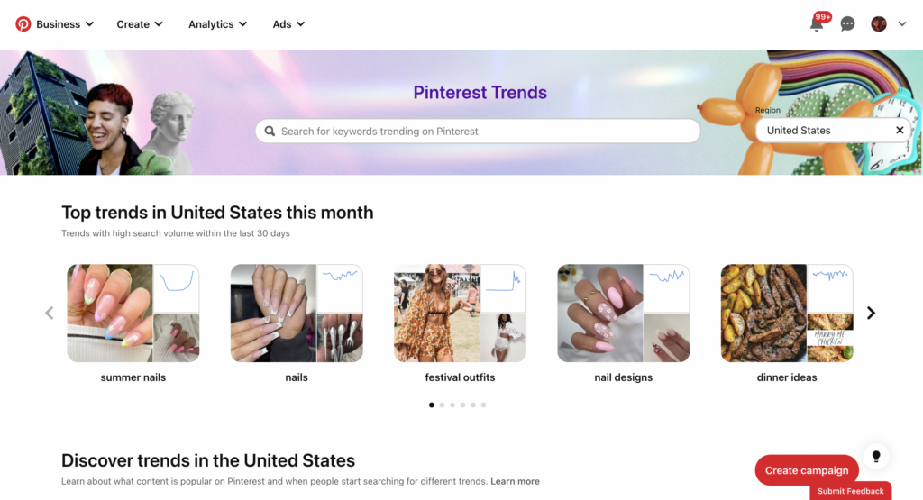 A screenshot of Pinterest's trend page where the top trends in the US for the month are listed.