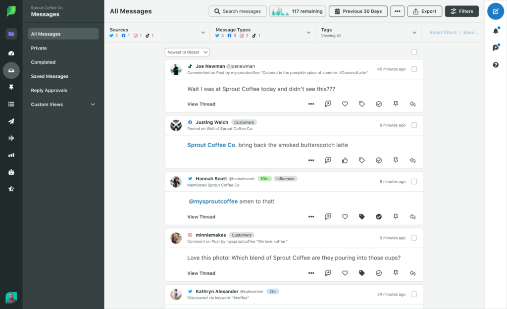 A screenshot of Sprout's Smart Inbox where messages across all of your social media channels can be answered in one centralized feed.