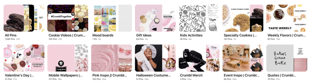 A screenshot of Crumbl Cookies Pinterest boards, which all have keywords in their titles.