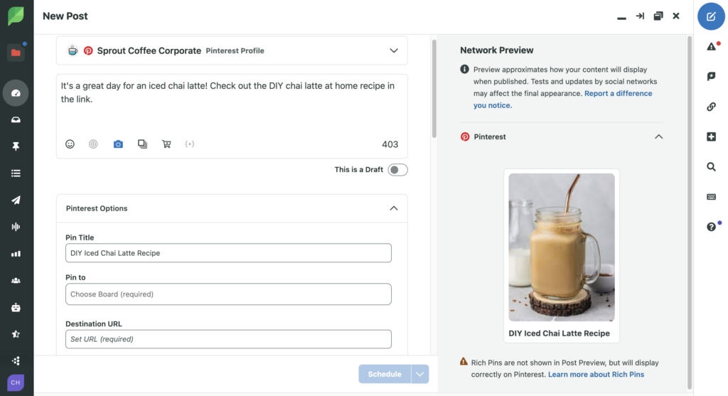 A screenshot of the compose feature in Sprout where Pinterest posts can be written, prepared and scheduled to publish on Pinterest, and across more social channels.