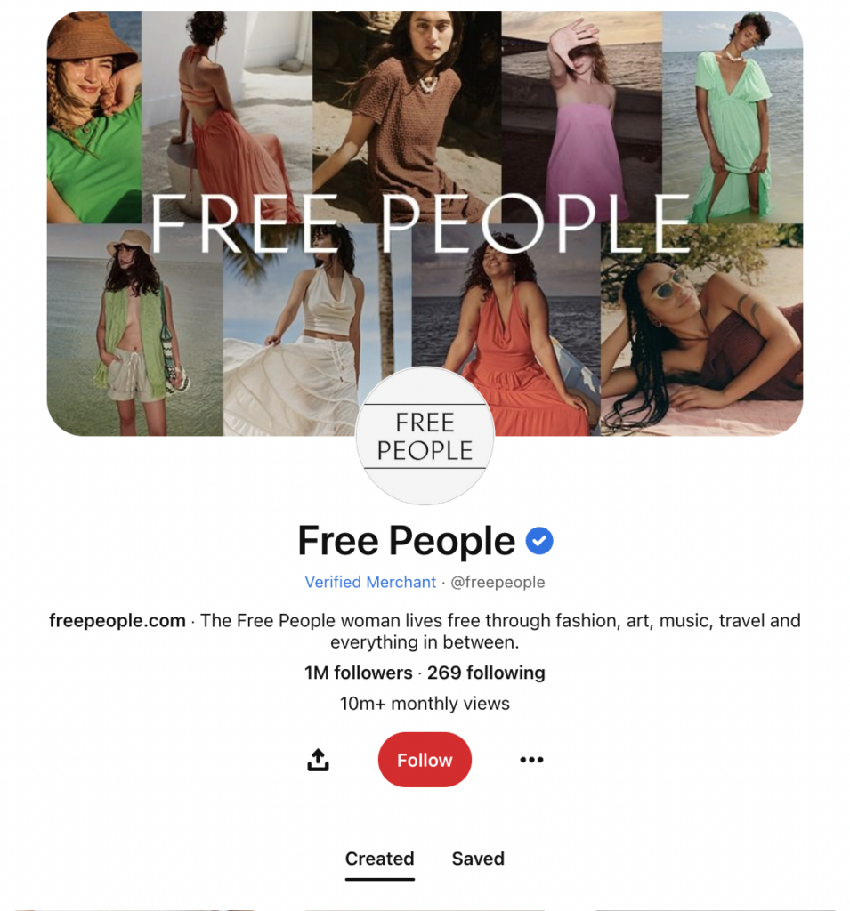 A screenshot of Free People's Pinterest account highlighting that their cover photo features models wearing seasonal, summer clothing.