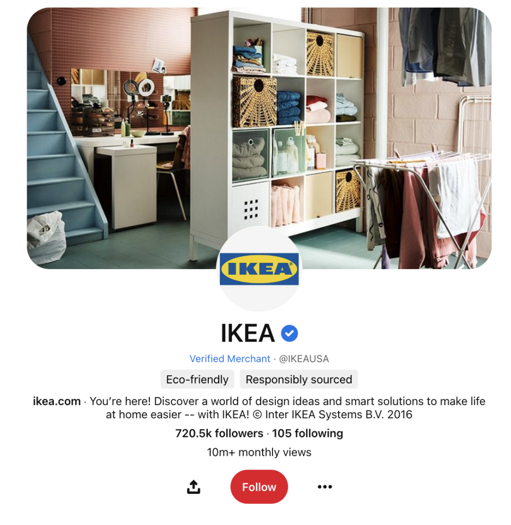 A screenshot of Ikea's Pinterest account where their cover image includes their home products styled in a trendy-looking room.