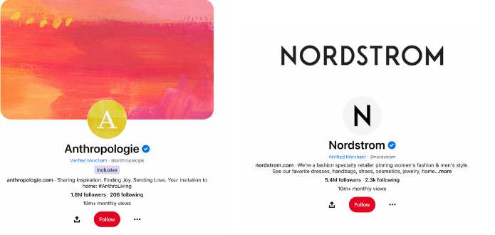 A screenshot of Anthropologie and Nordstrom's cover images on Pinterest, highlighting that Anthropologie uses a colorful image, while Nordstrom uses a larger version of their logo.