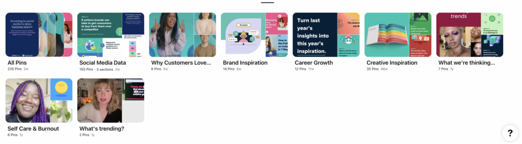 A screenshot of Sprout's Saved content on Pinterest where all of the boards feature a cover image with similar teal or blue colors. 