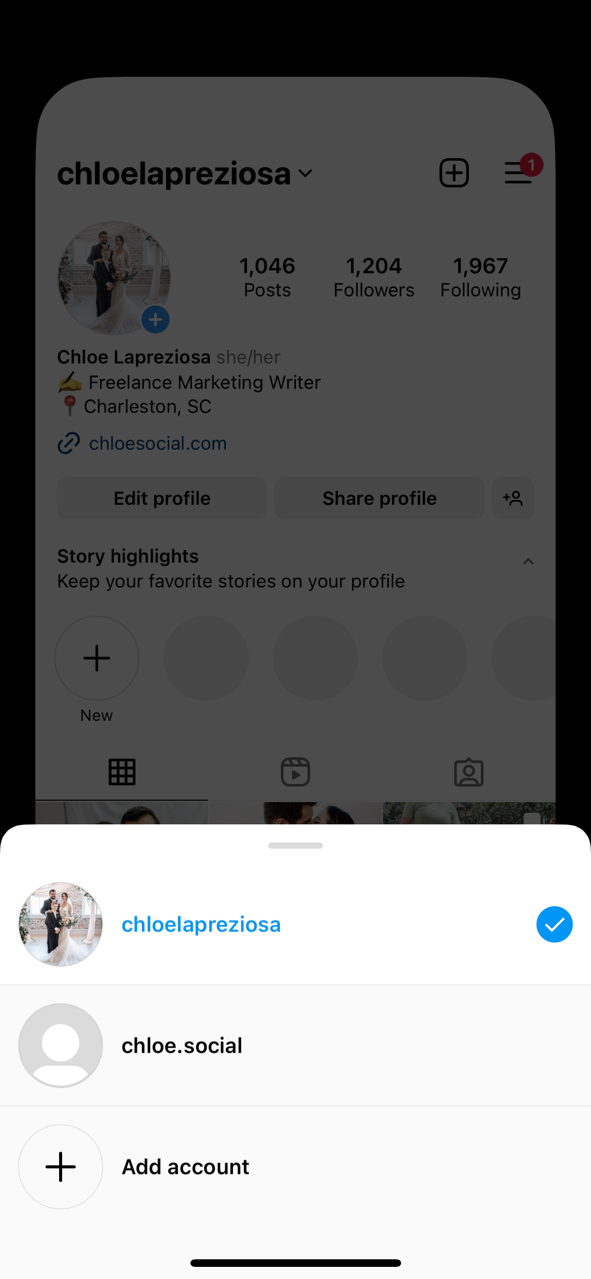 A screenshot showing how to manage multiple accounts on Instagram