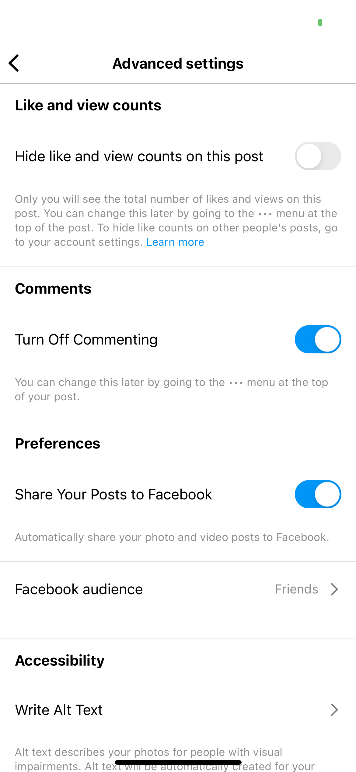 A screenshot showcasing how to turn off comments on an Instagram post