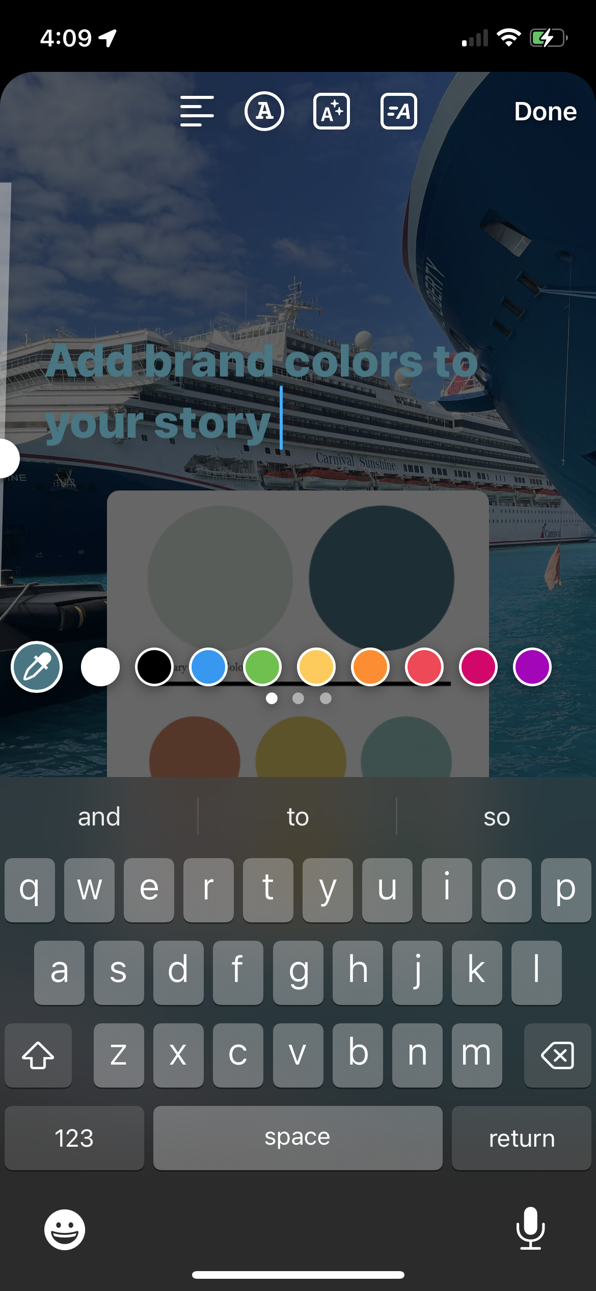 A screenshot showing how to use the color dropper tool in Instagram stories