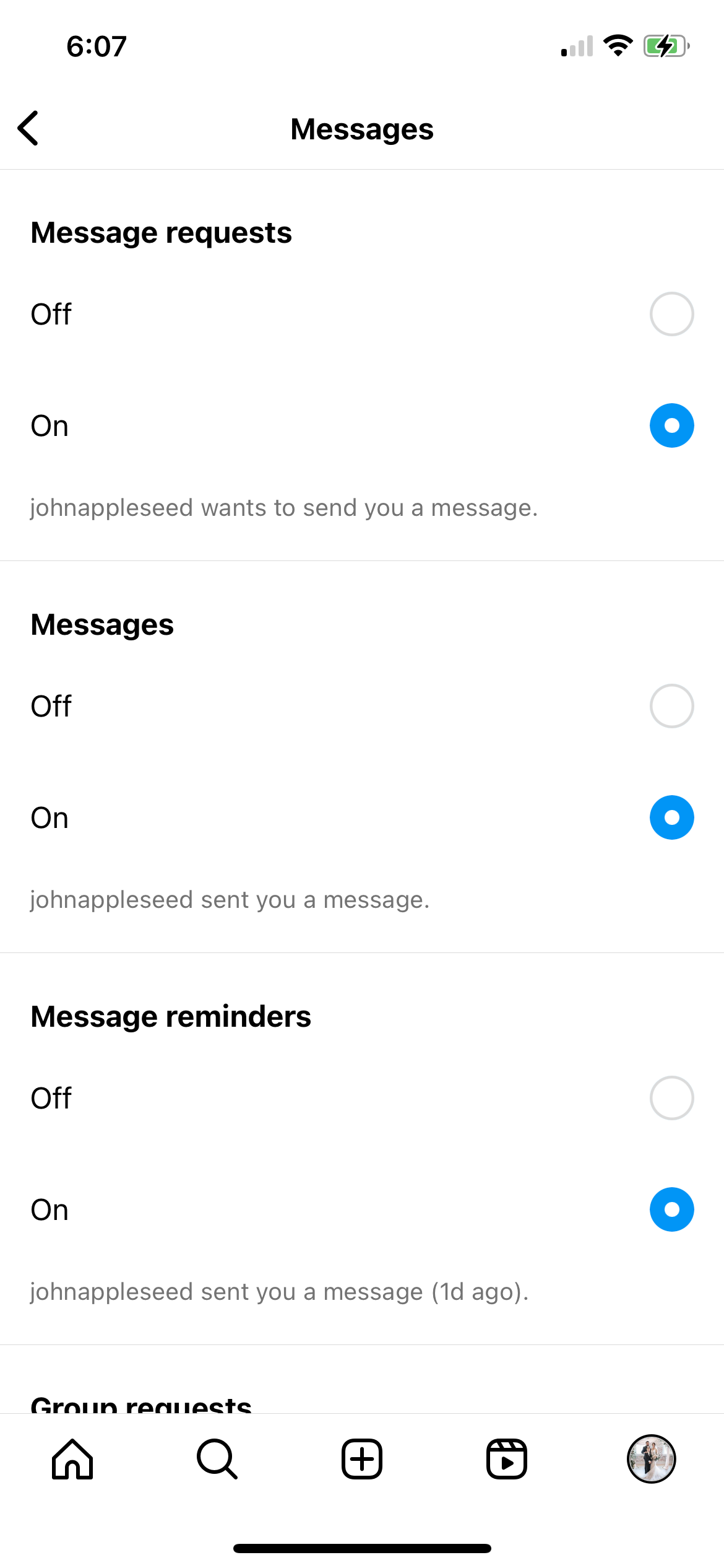 A screenshot showing how to turn on message notifications on Instagram
