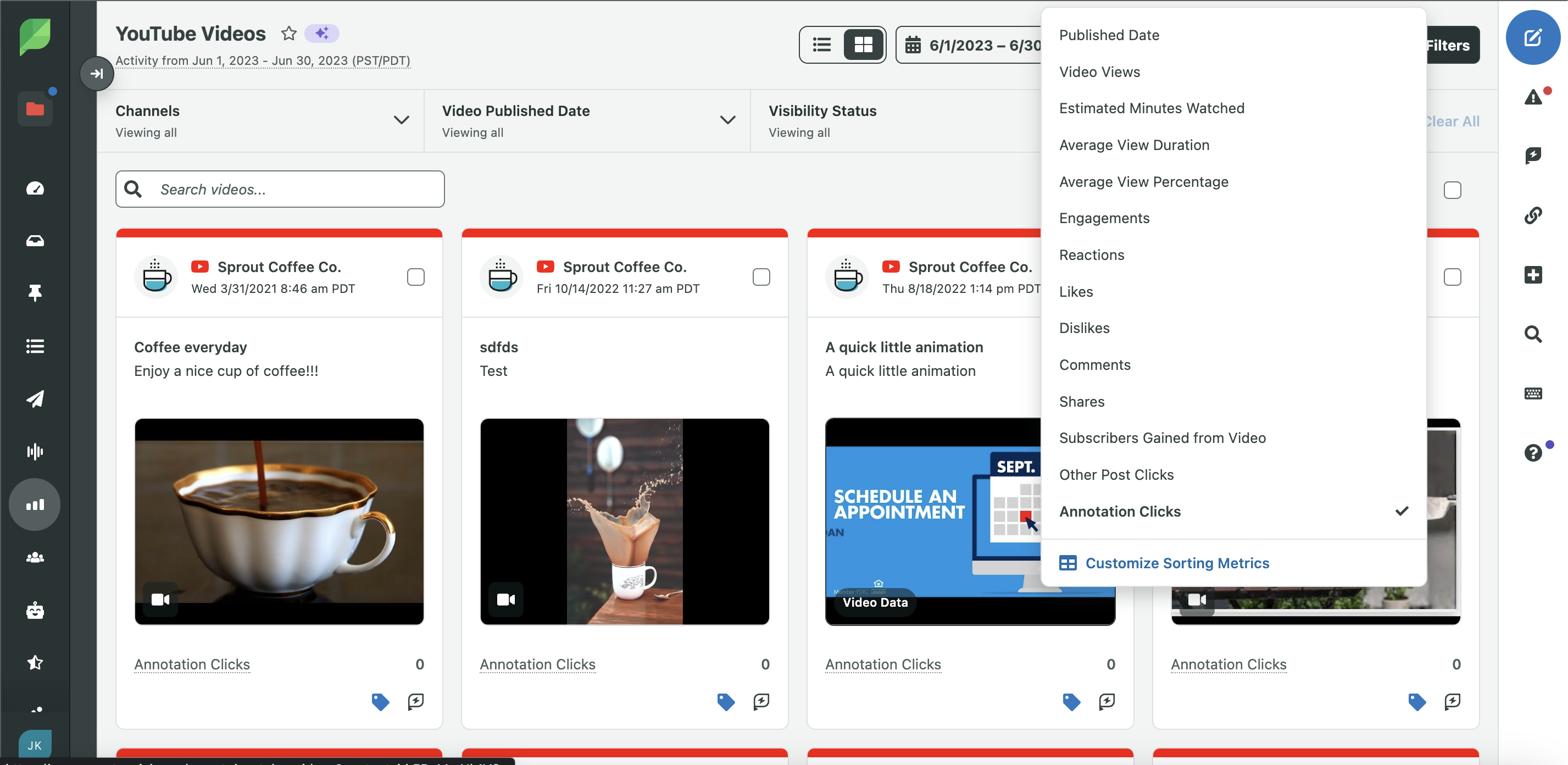 Sprout Social YouTube video dashboard. A mouse overlay shows menu options for YouTube cards clicks. 