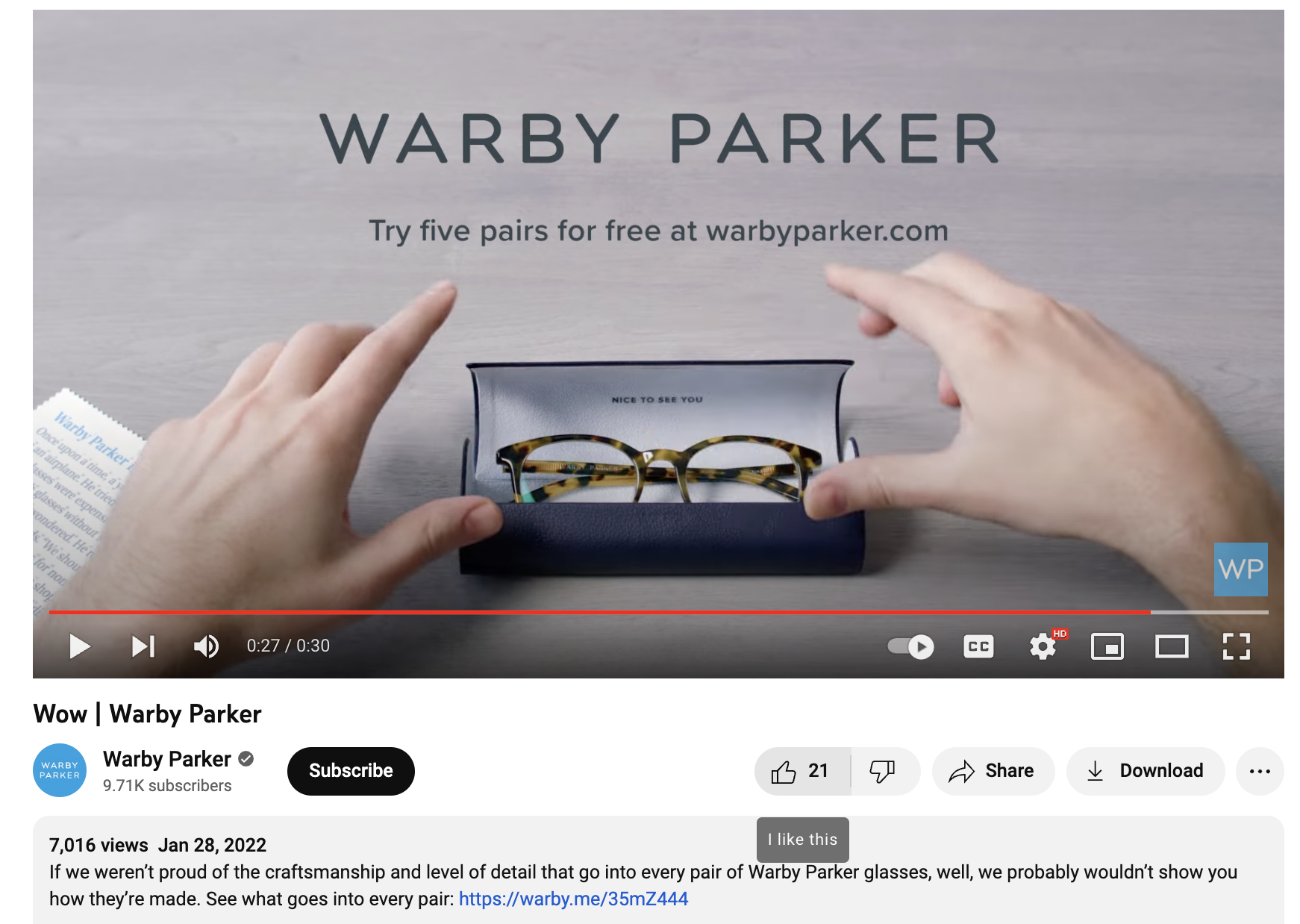 Warby Parker YouTube video screen capture featuring an on-screen CTA. 