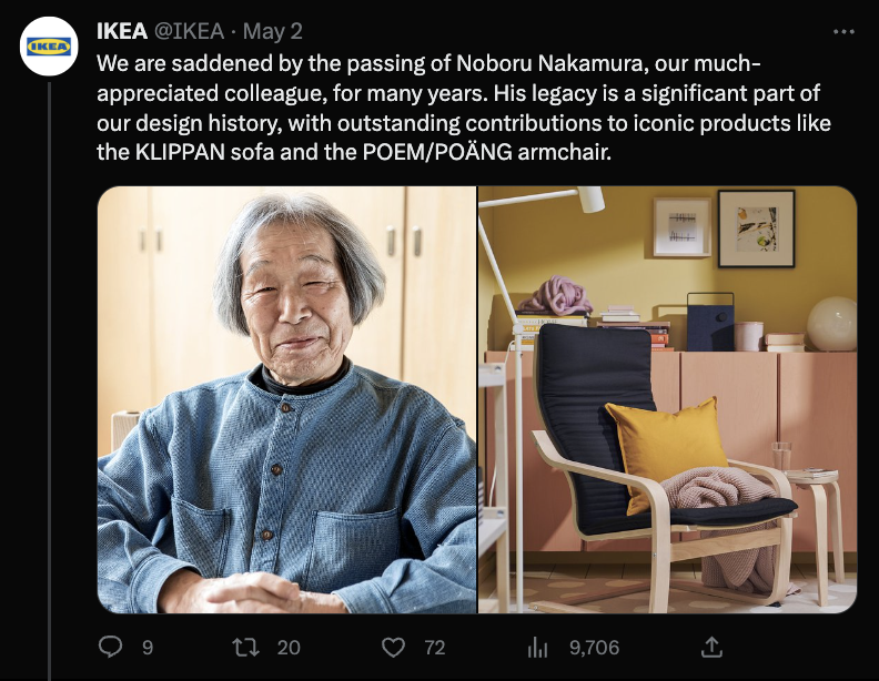A screenshot of an IKEA post on X (the platform formerly known as Twitter). The post pays homage to an iconic IKEA designer, and includes static images of him and his designs.