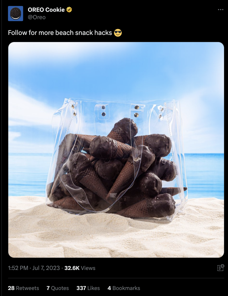 A screenshot of a post on X from Oreo Cookie. The post reads: Follow for more beach snack hacks. It accompanies a static image of Oreo ice cream cones in a clear, plastic bag resting on the sand during a bright, sunny day at the beach.