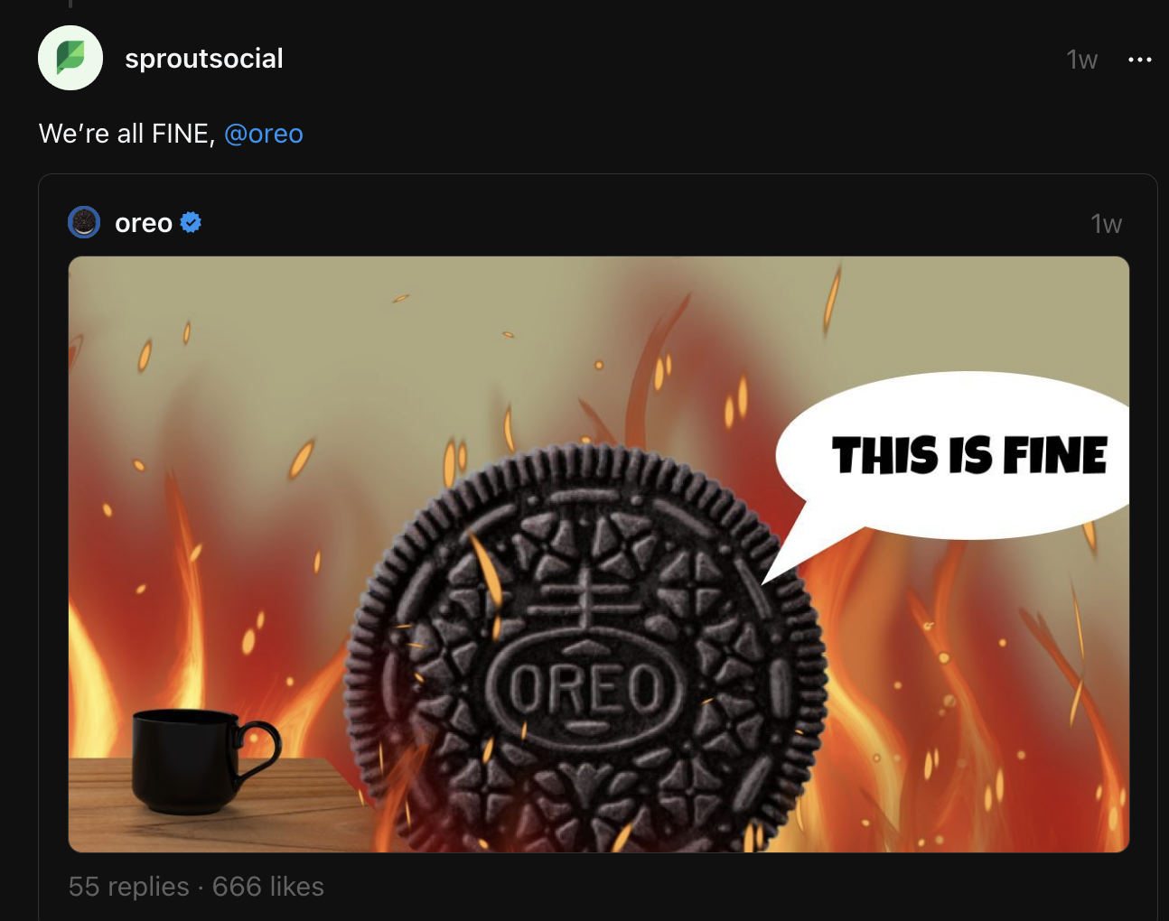 A screenshot of a Threads post from Oreo cookie that depicts an Oreo sitting at a desk with a mug in front of it. A speech bubble is coming from the cookie that says, "This is fine." The background of the image is up in flames, referencing the panic that took hold for brands when Threads launched.