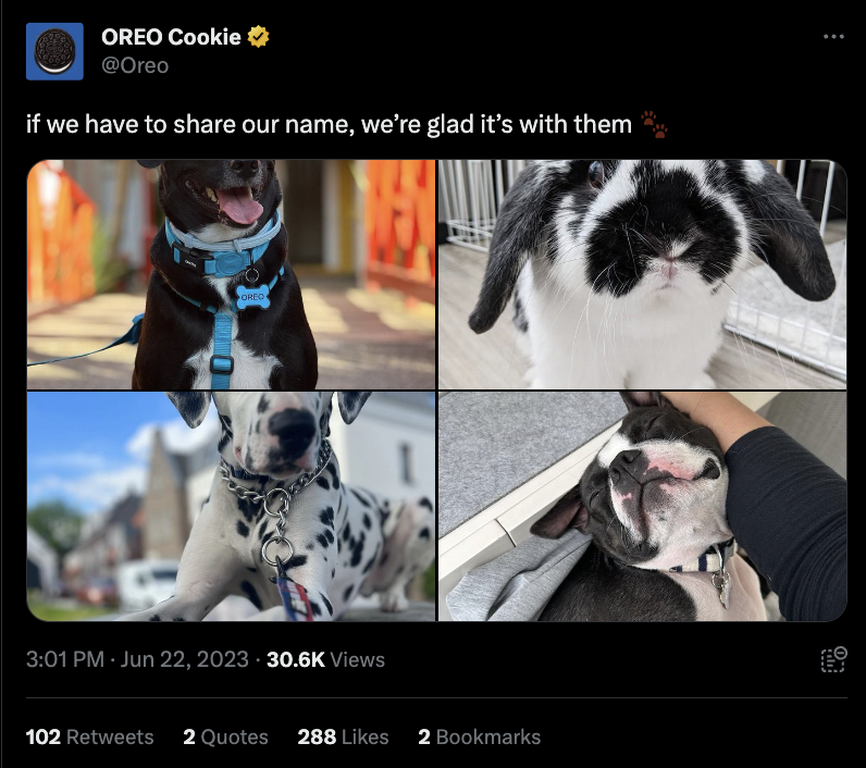 A screenshot of a post by Oreo Cookie on X. The post reads: If we have to share our name, we're glad it's with them. The post includes static images of dogs named Oreo, referencing how often people used the cookie namesake to name their pets.