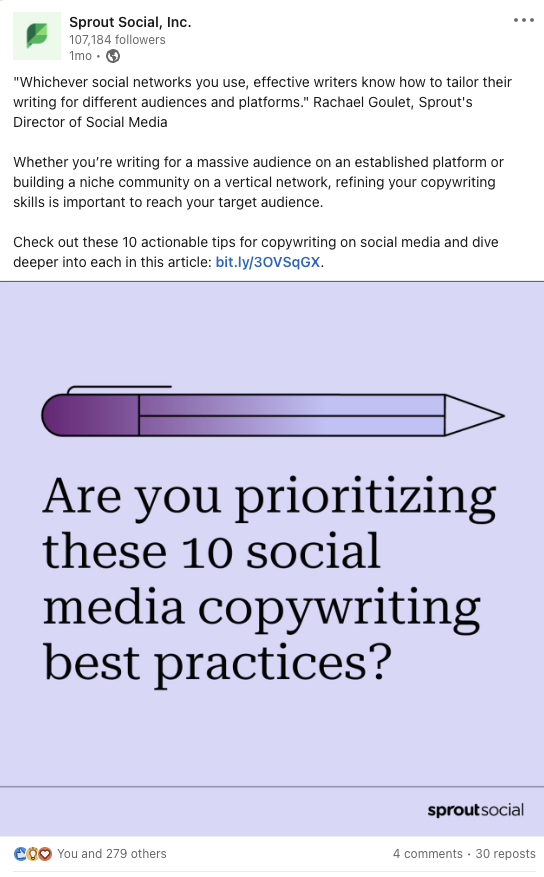 A screenshot of a Sprout Social LinkedIn carousel titled "Are you prioritizing these 10 social media copywriting best practices?" The post has almost 300 likes, four comments and 30 reposts.