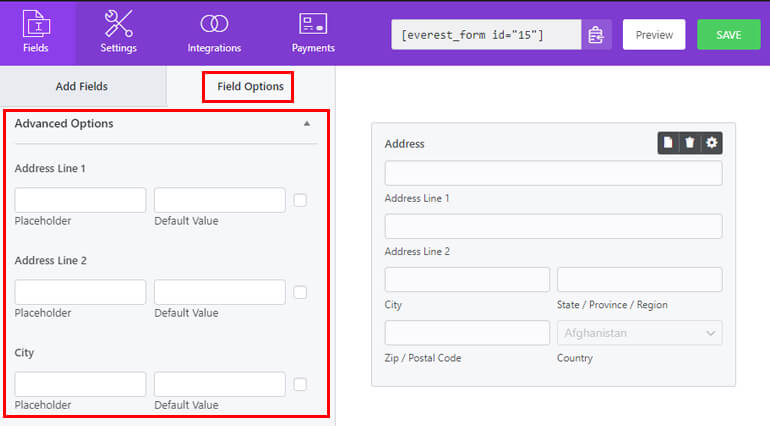 Advanced Options for Address Field