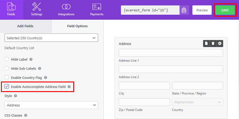 Enable Address Autocomplete WordPress Field