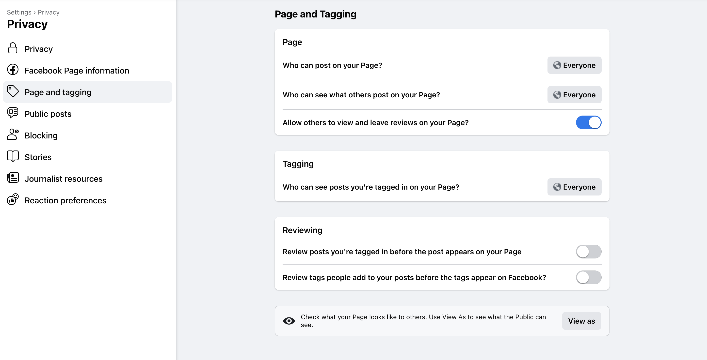 A screenshot showing how to turn on reviews on your Facebook Page settings.