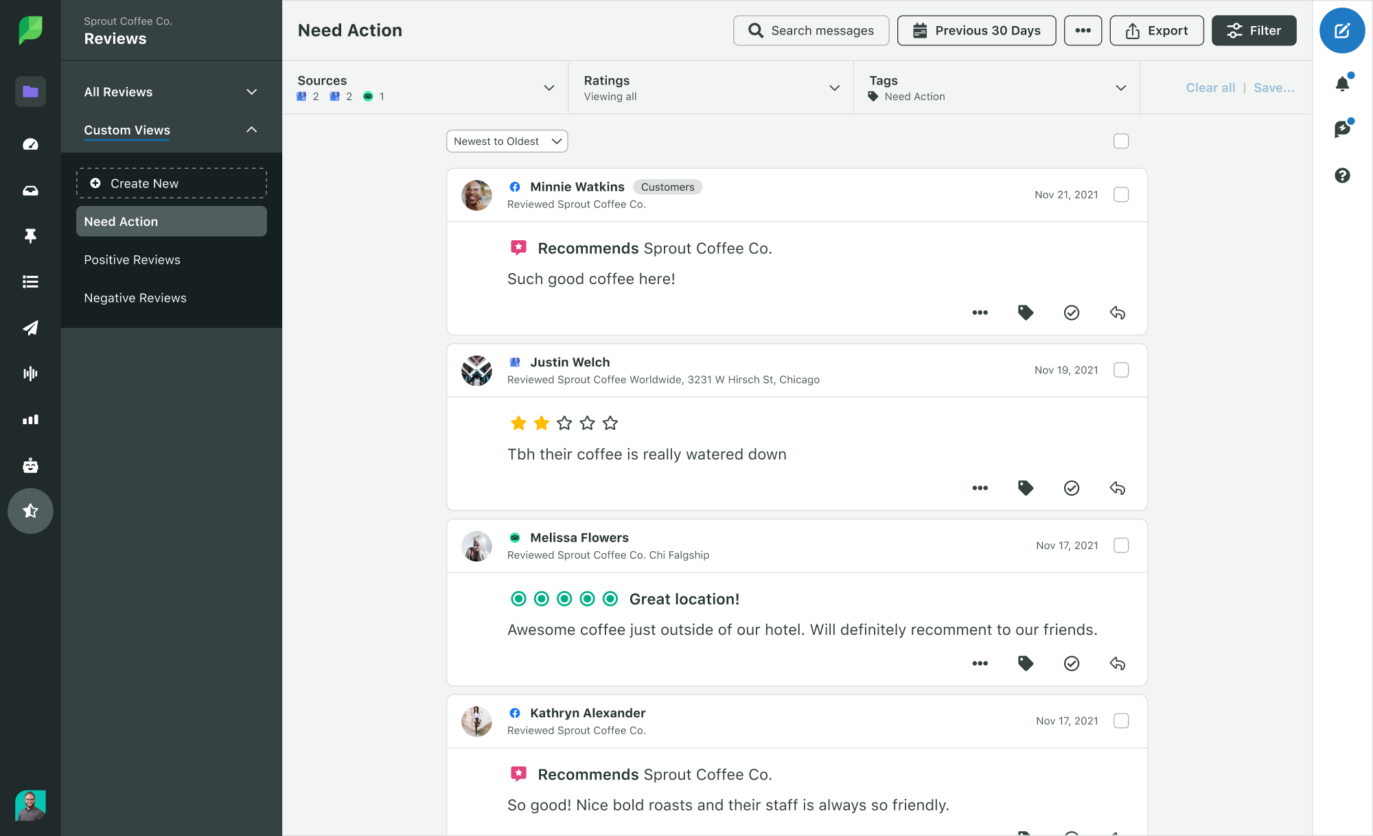 Screenshot of Sprout's Reviews dashboard that integrates with Facebook, Trip Advisor, Google My Business.