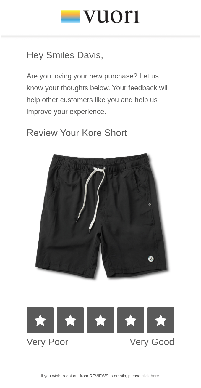 A screenshot of an email from Vuori asking for a product review of a recent purchase.
