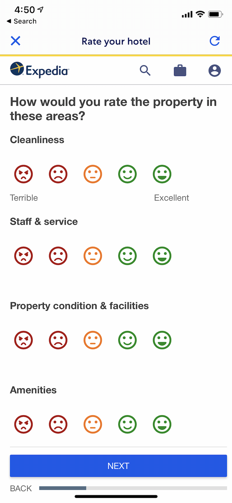 Screenshot of Expedia's hotel rating review system via mobile.