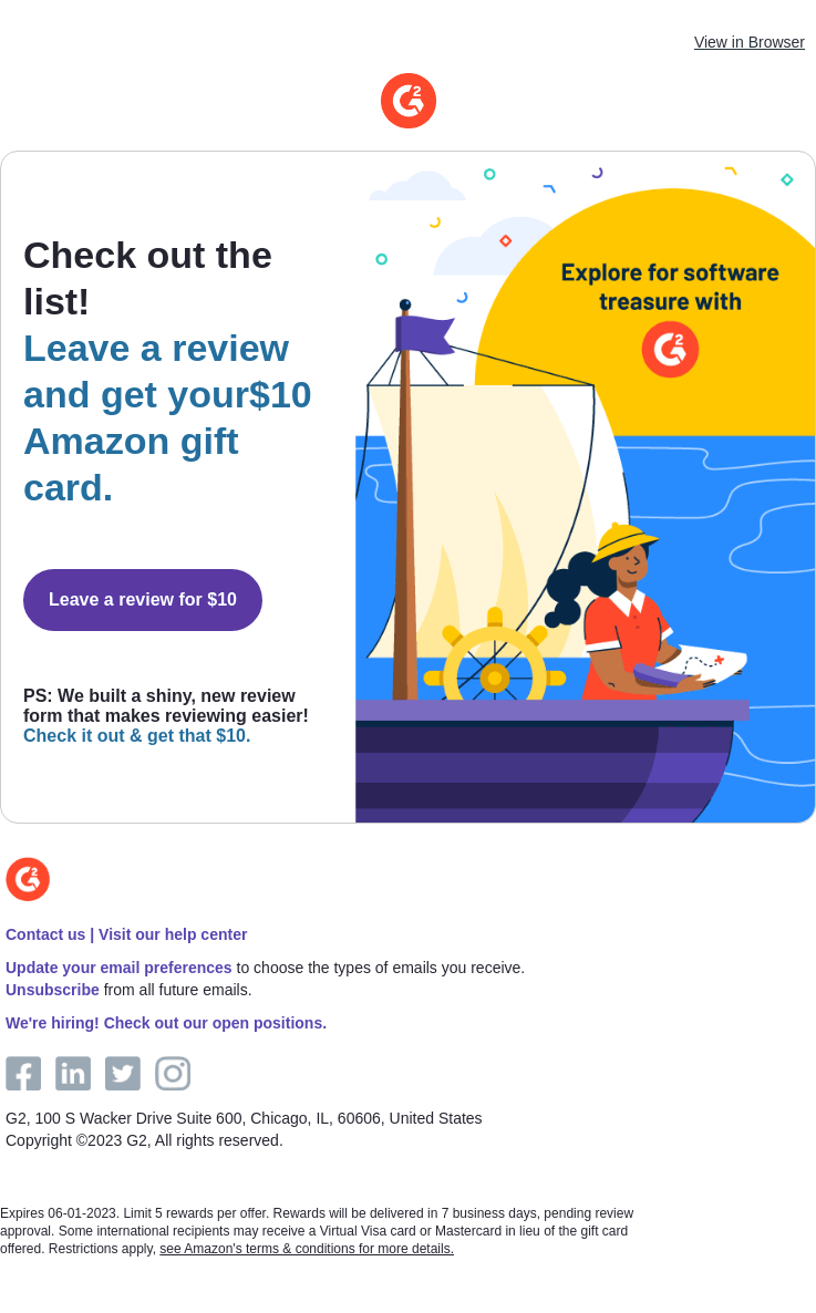 A screenshot of an email from G2 offering an incentive, such as an Amazon gift card, for a review.