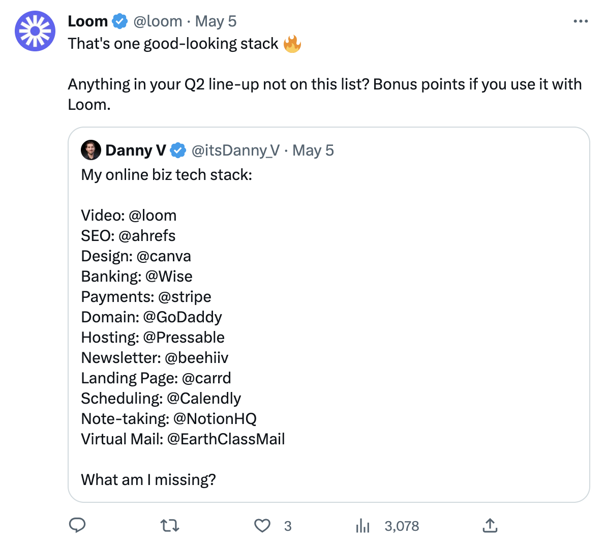 A screenshot of Loom retweeting one of its customers.