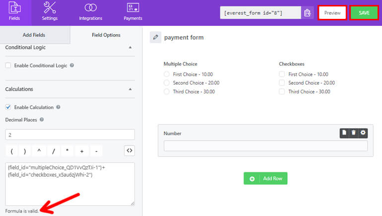 Valid Formula Save and Preview Button